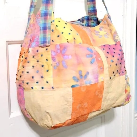 Original by Jernigan Orange Green Blue Plaid Beaded Large Hobo Shoulder Bag Tote - Picture 5 of 13